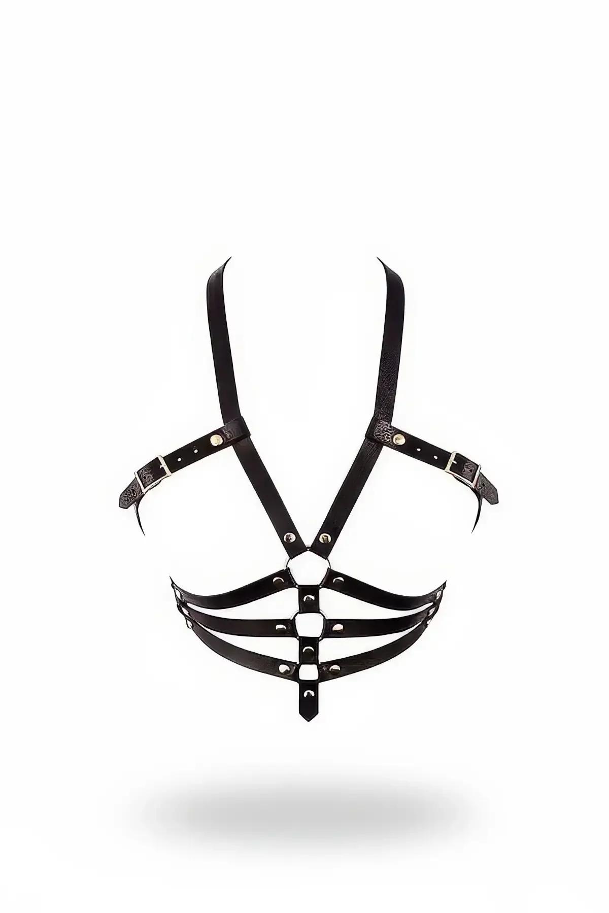 siyah vegan deri vücut harness gümüş tokalı çift bel bandı V omuz askılı kadın kemer aksesuarı