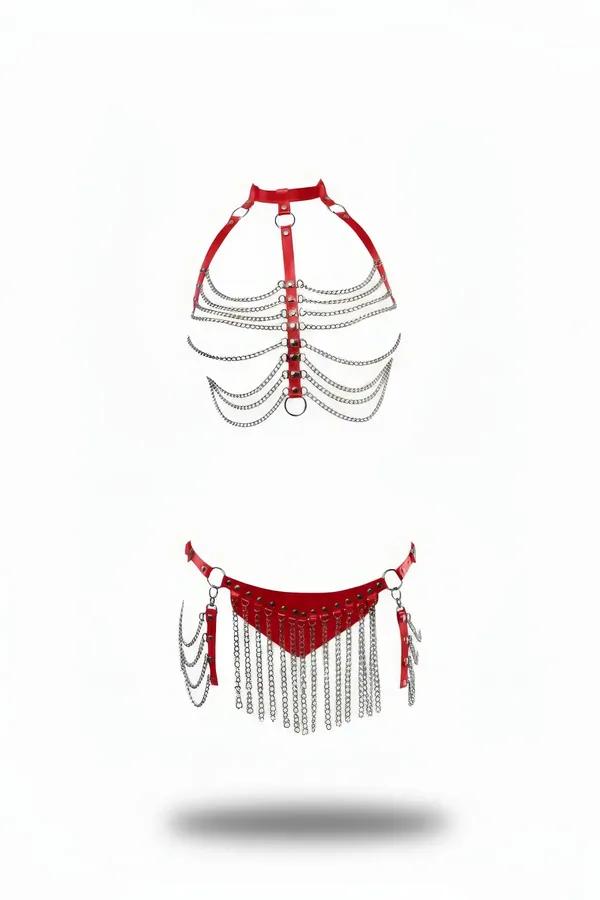 kırmızı suni deri zincirli iki parça vücut harness set, gümüş metal katmanlı zincir ve O-ring detay