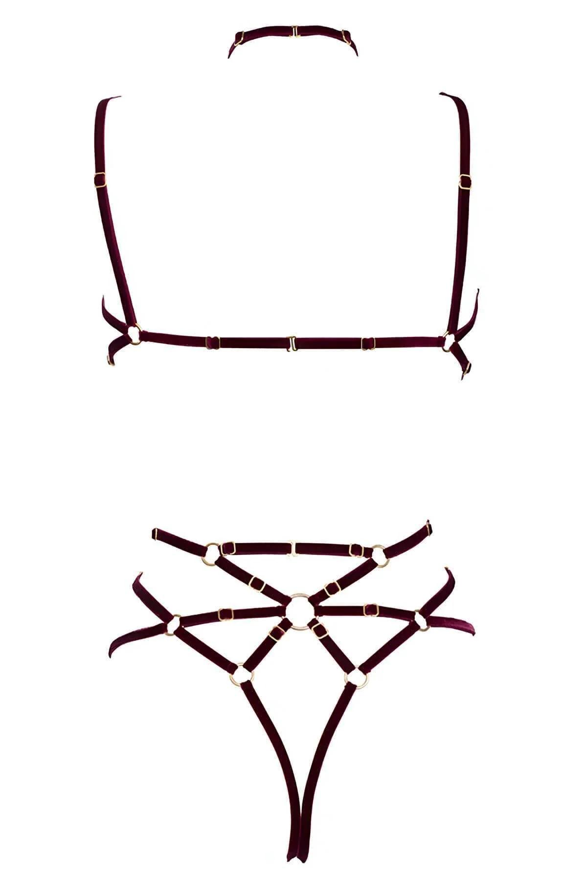 Burgundy velvet harness choker collar and shoulder strap detail with warm gold hardware