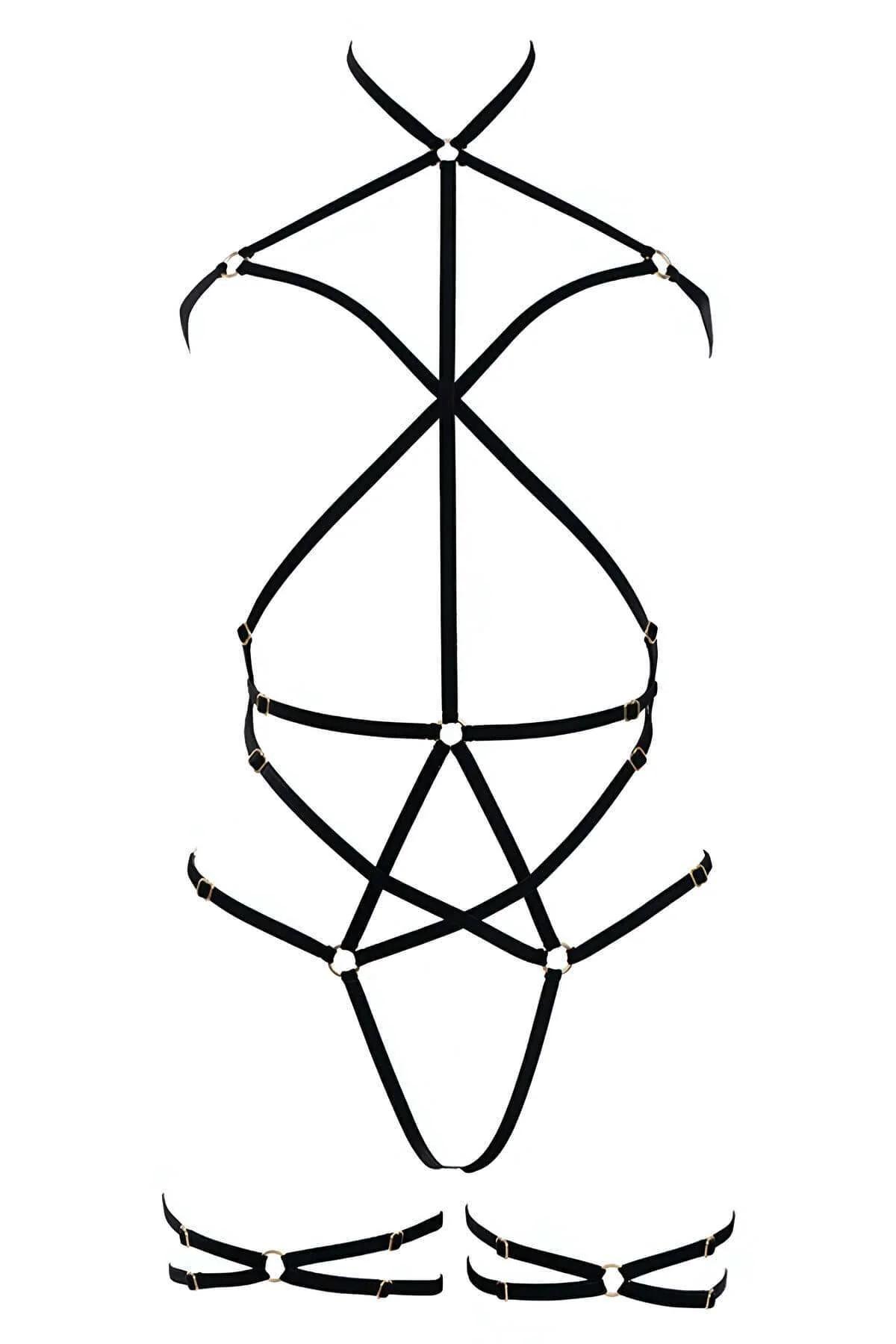 Full body black strap harness with dual thigh loop bands and gold metal rings, lower body detail