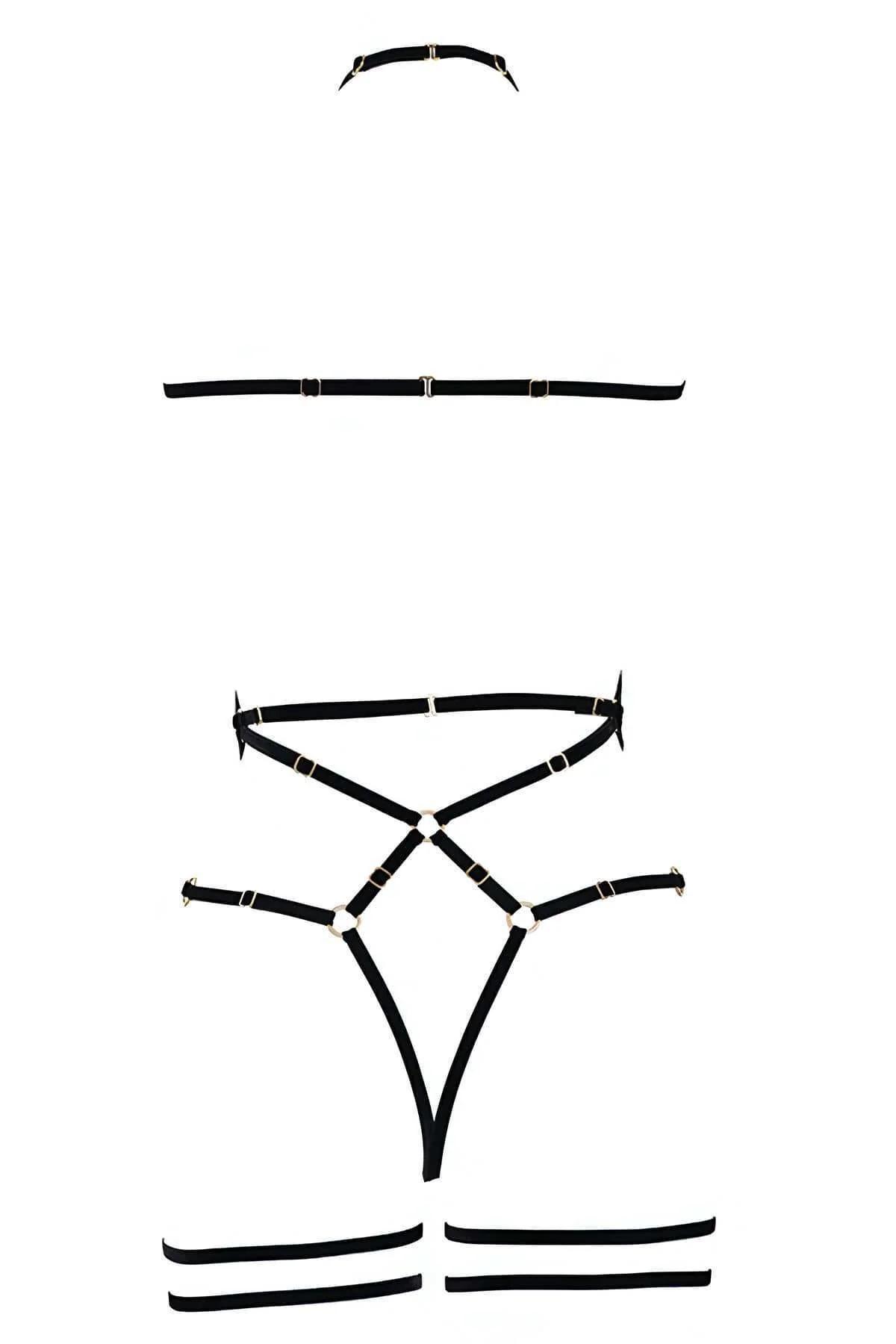 Black cage harness geometric cross-strap pattern at abdomen, gold-tone O-ring connectors visible