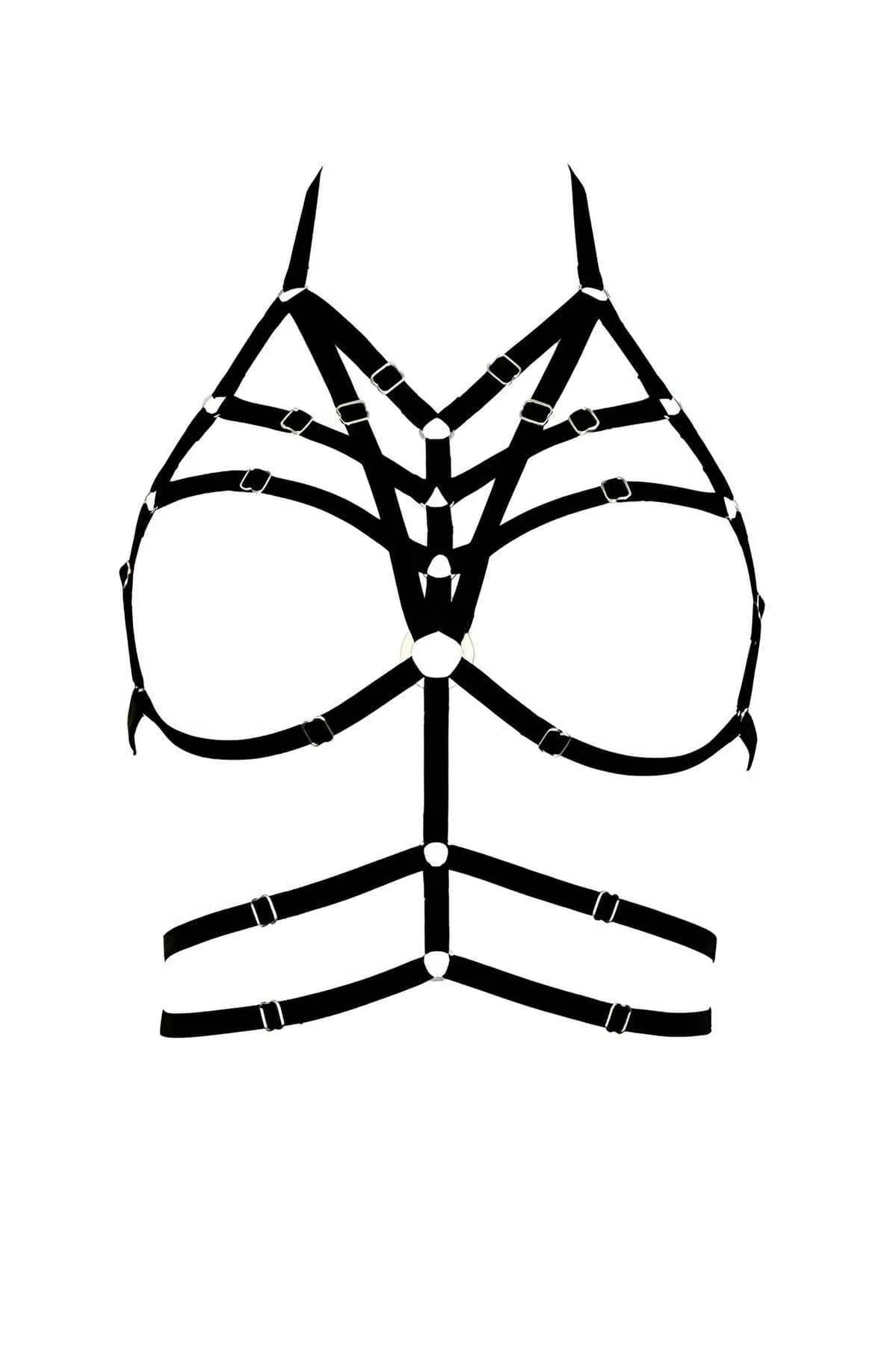 Side angle of black caged strap harness bra displaying halter tie and underbust elastic band