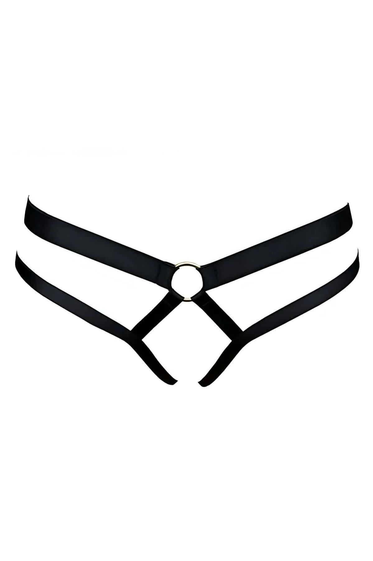 Black strappy O-ring thong harness with dual elastic waistbands and gold-tone center ring, front view
