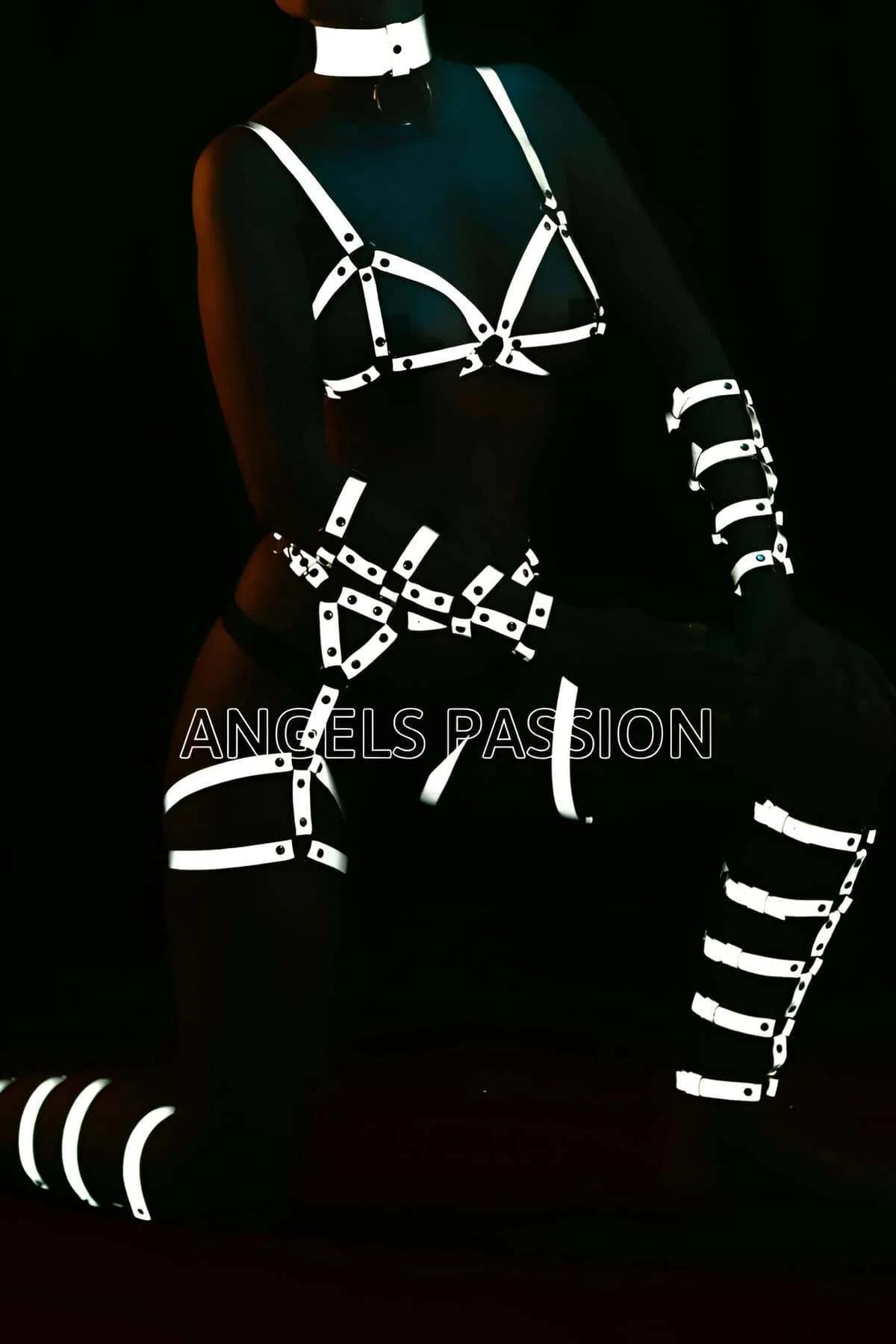 Close-up of white reflective chest cage harness with central silver O-ring and six radiating elastic straps