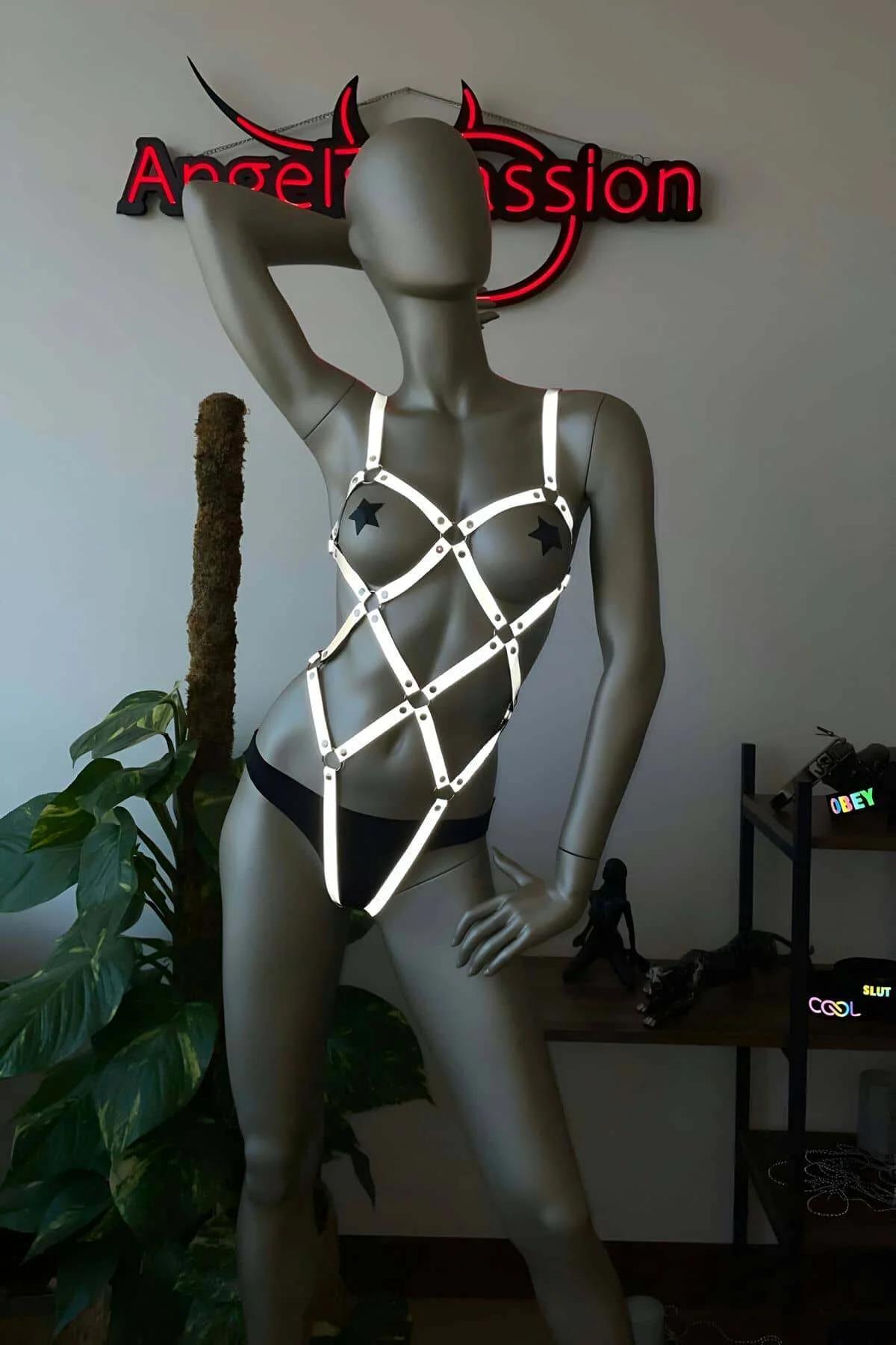 Close-up of reflective strap junction hardware and 2 cm wide adjustable buckle detail on body harness