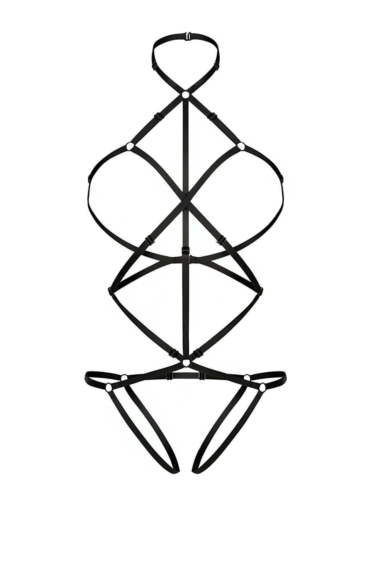 Front view of black elastic cage body harness showing X-cross chest strap formation