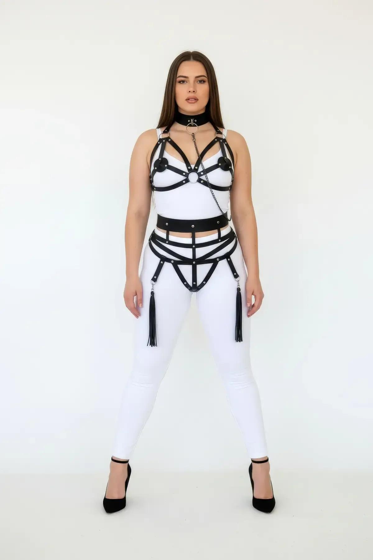 siyah PU deri harness bel kayışı gümüş çivi perçin detayı büyük beden
