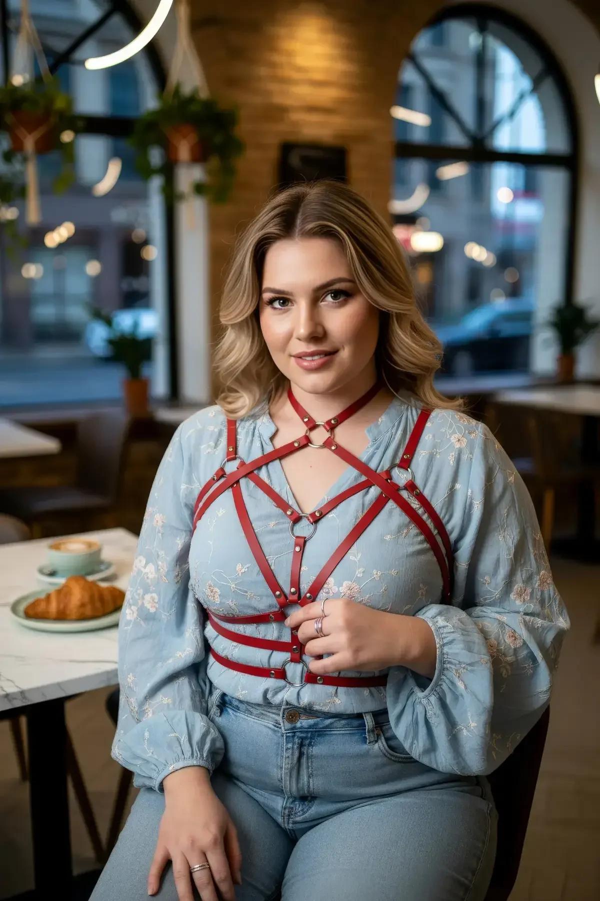 plus size kırmızı vücut jartiyeri krem pantolon ve açık mavi bluz kombini