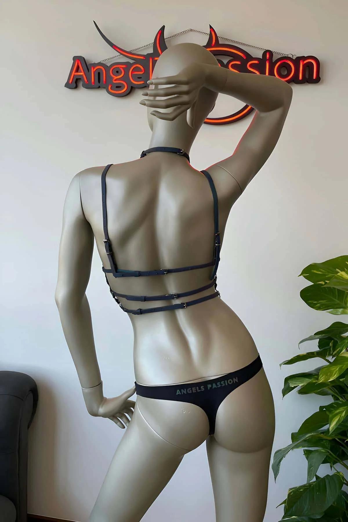 Full body reflective harness blue iridescent straps diagonal chest pattern festival wear