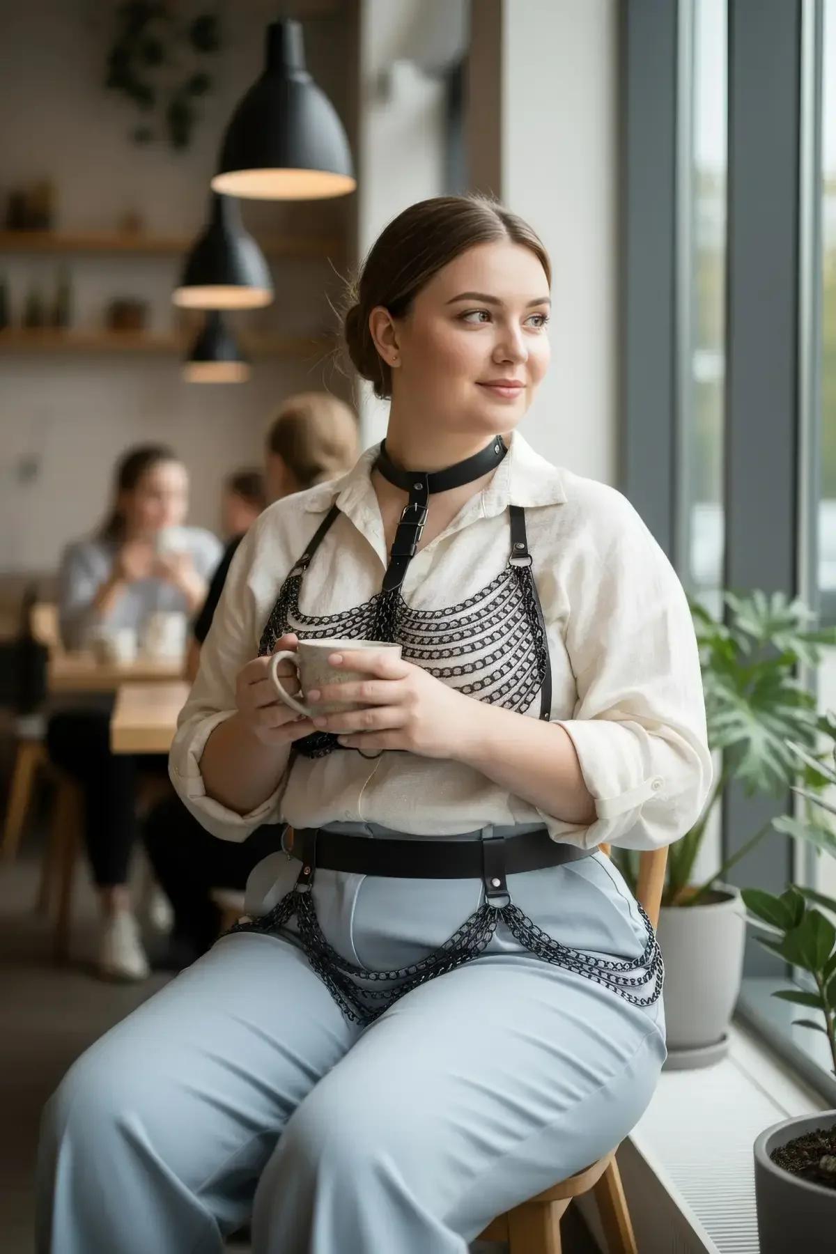 siyah PU deri choker bağlantılı göğüs üzeri zincir harness büyük beden