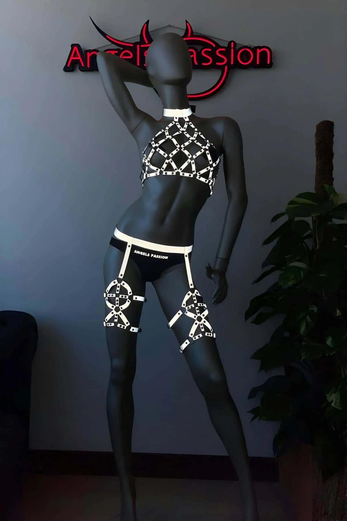 Side view of reflective caged halter harness glowing white-silver under direct light
