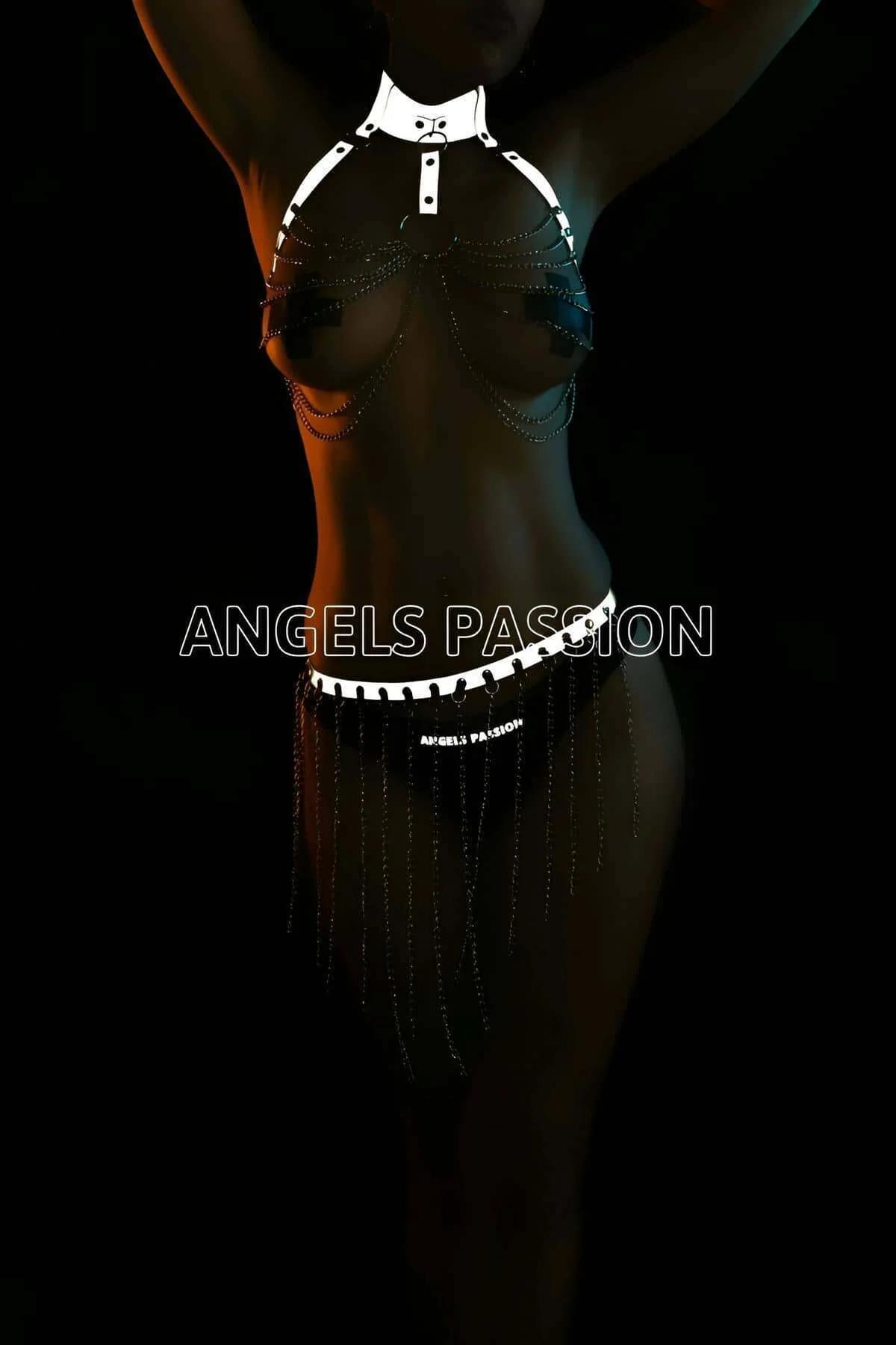 Reflective Harness Choker with Body Chains & Fringe Skirt
