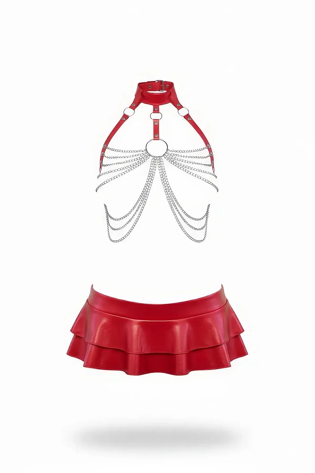 kırmızı suni deri harness kemer gümüş zincir O-halka detaylı çift fırfırlı mini etek set
