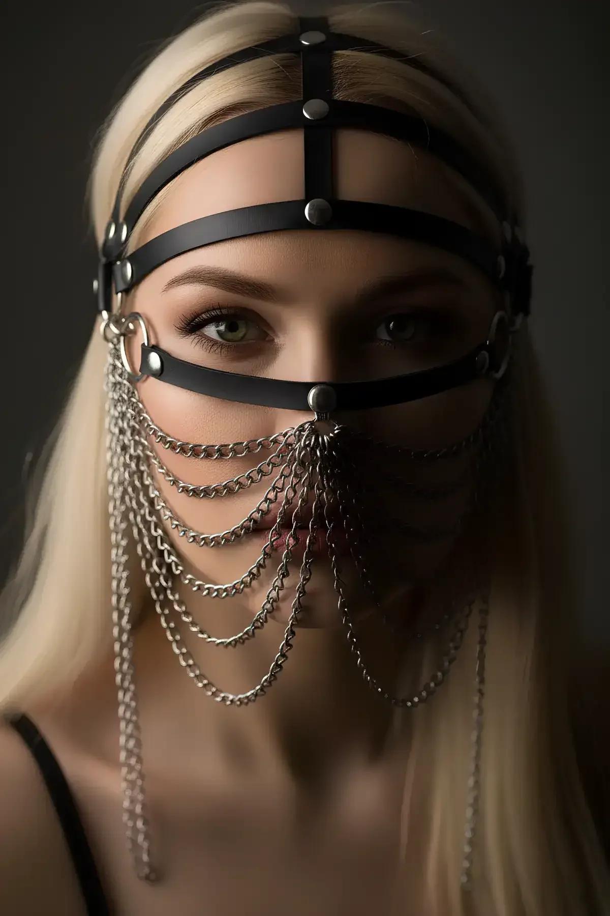 close-up of silver-tone chain veil tiers hanging from centre O-ring on black faux leather face harness