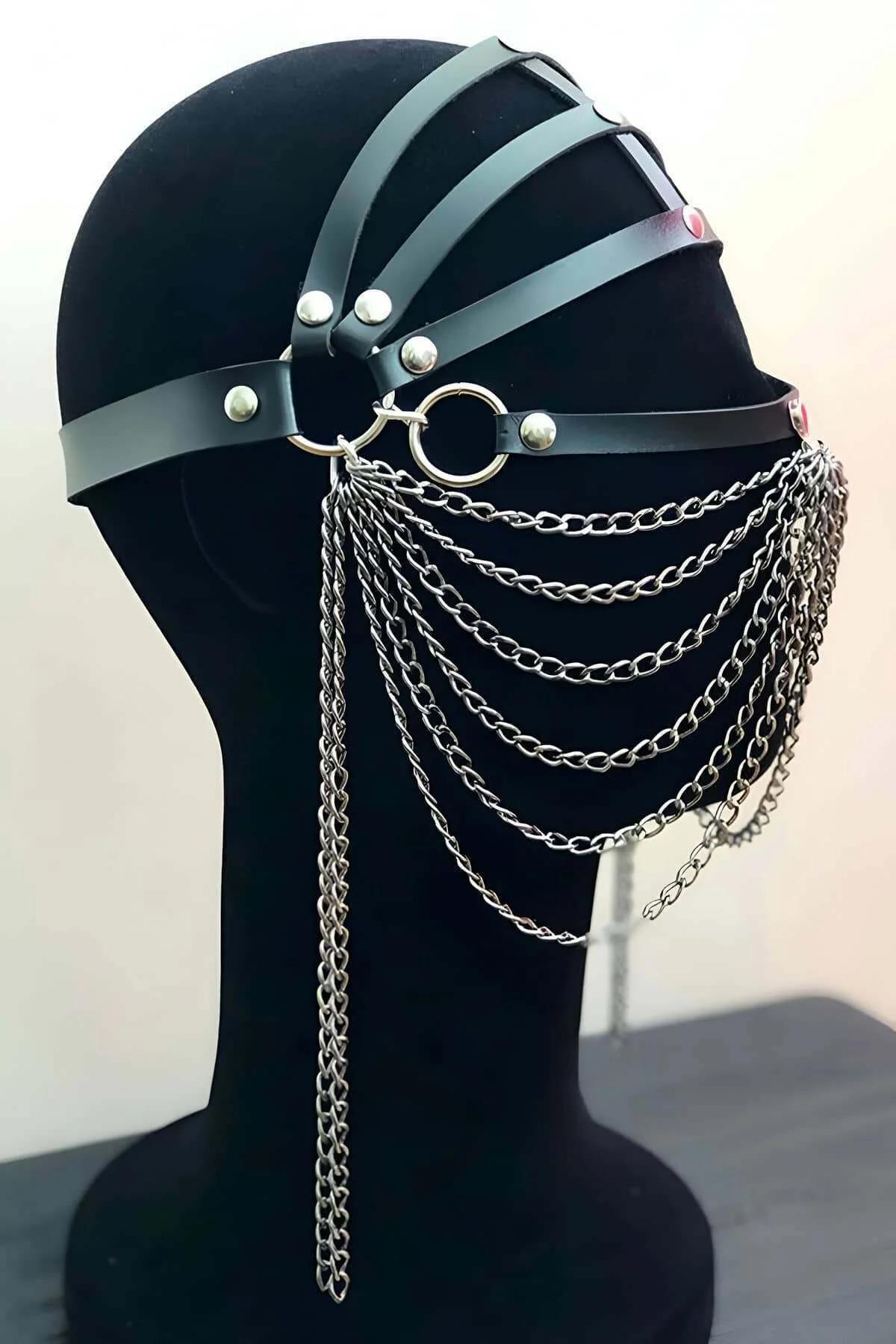 adjustable back closure detail of black faux leather face harness with silver hardware
