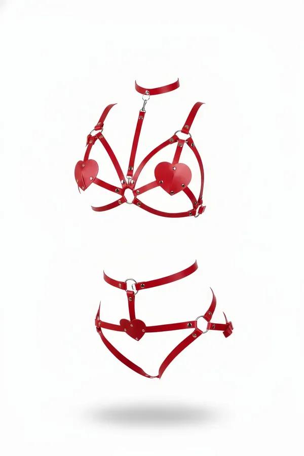 kırmızı vegan deri harness takım kalp detaylı iki parça set gümüş O-halka choker üst ve bel alt parçası