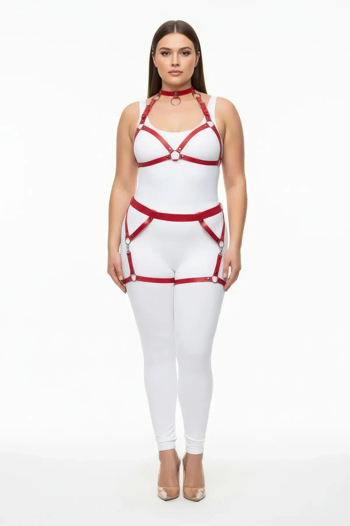 kırmızı PU deri göğüs harness gümüş O-halka choker detay büyük beden