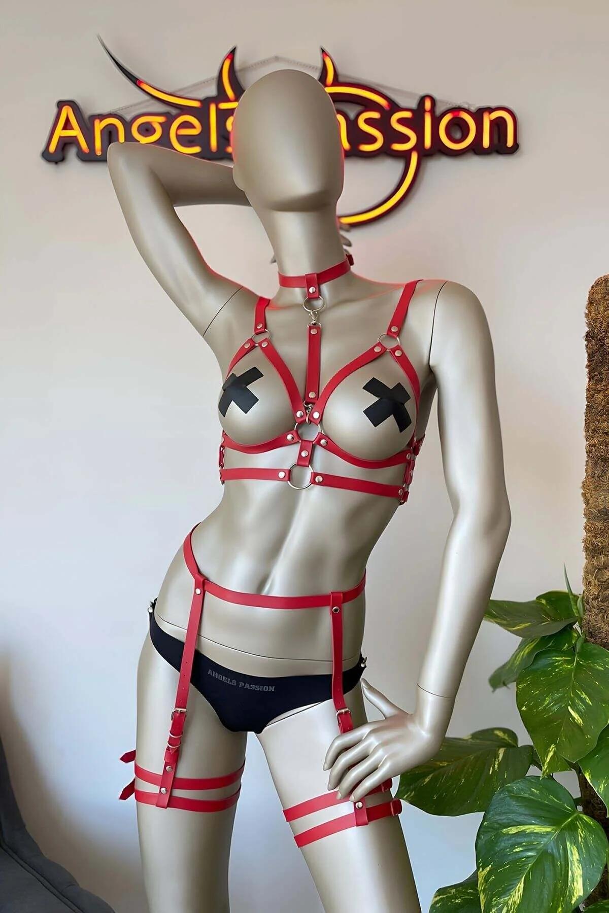Red leather choker with D-ring and lobster-claw clasp connecting to chest harness