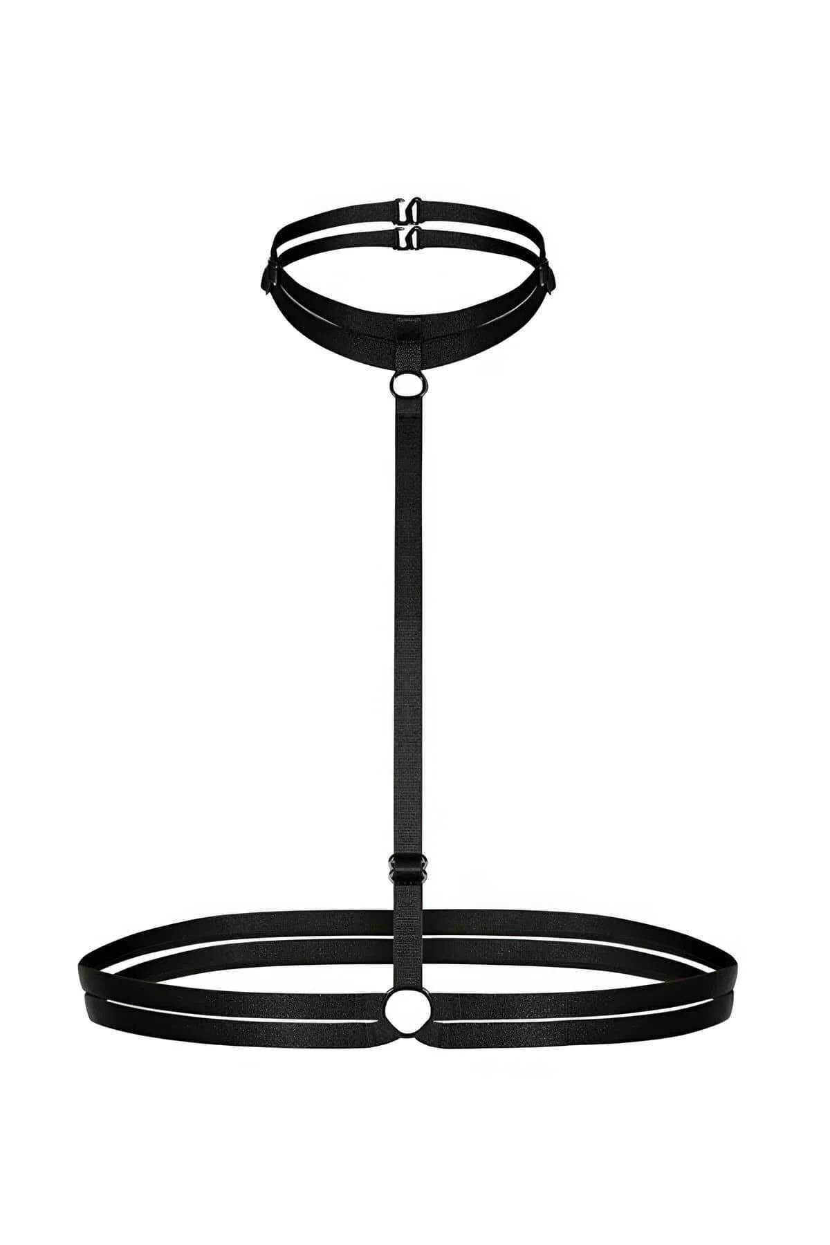 Wide black elastic choker band with round O-ring detail at center front of body harness