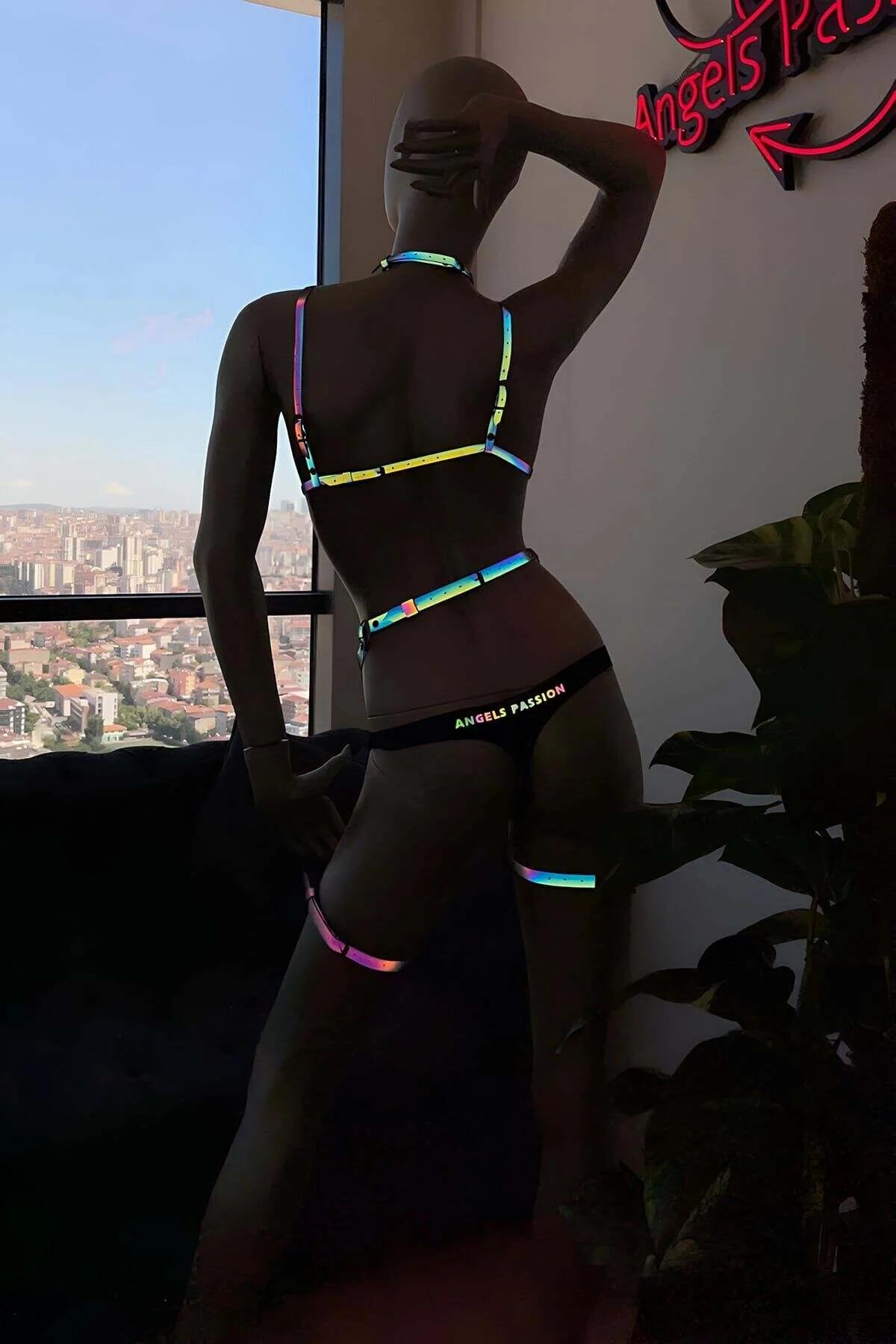 Holographic body harness waist section with adjustable elastic black base and reflective straps