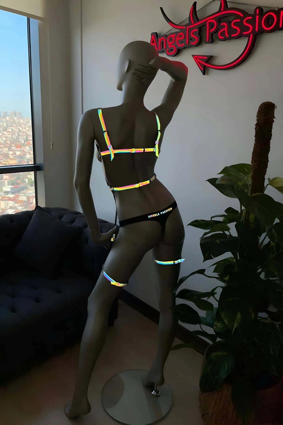 Iridescent full body harness chest cage section with double horizontal bands and central vertical strap, neon holographic str