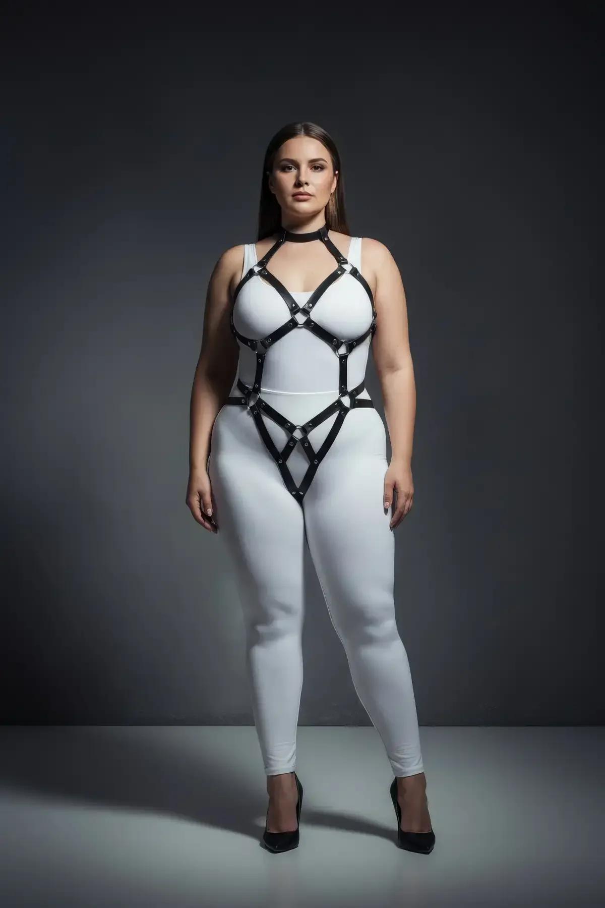siyah harness bel ve kalça şerit detayı ayarlanabilir toka metal aksamı plus size