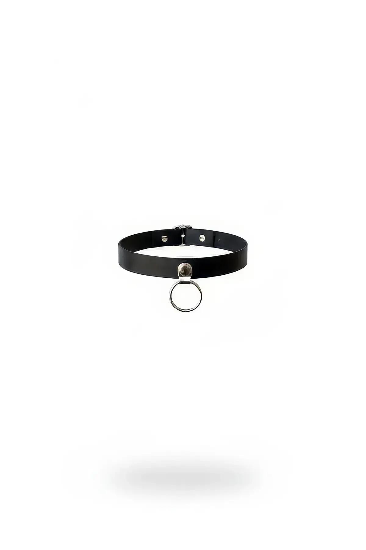 Siyah vegan deri choker kolye gümüş O-halka ve perçin detaylı metal toka kapamalı