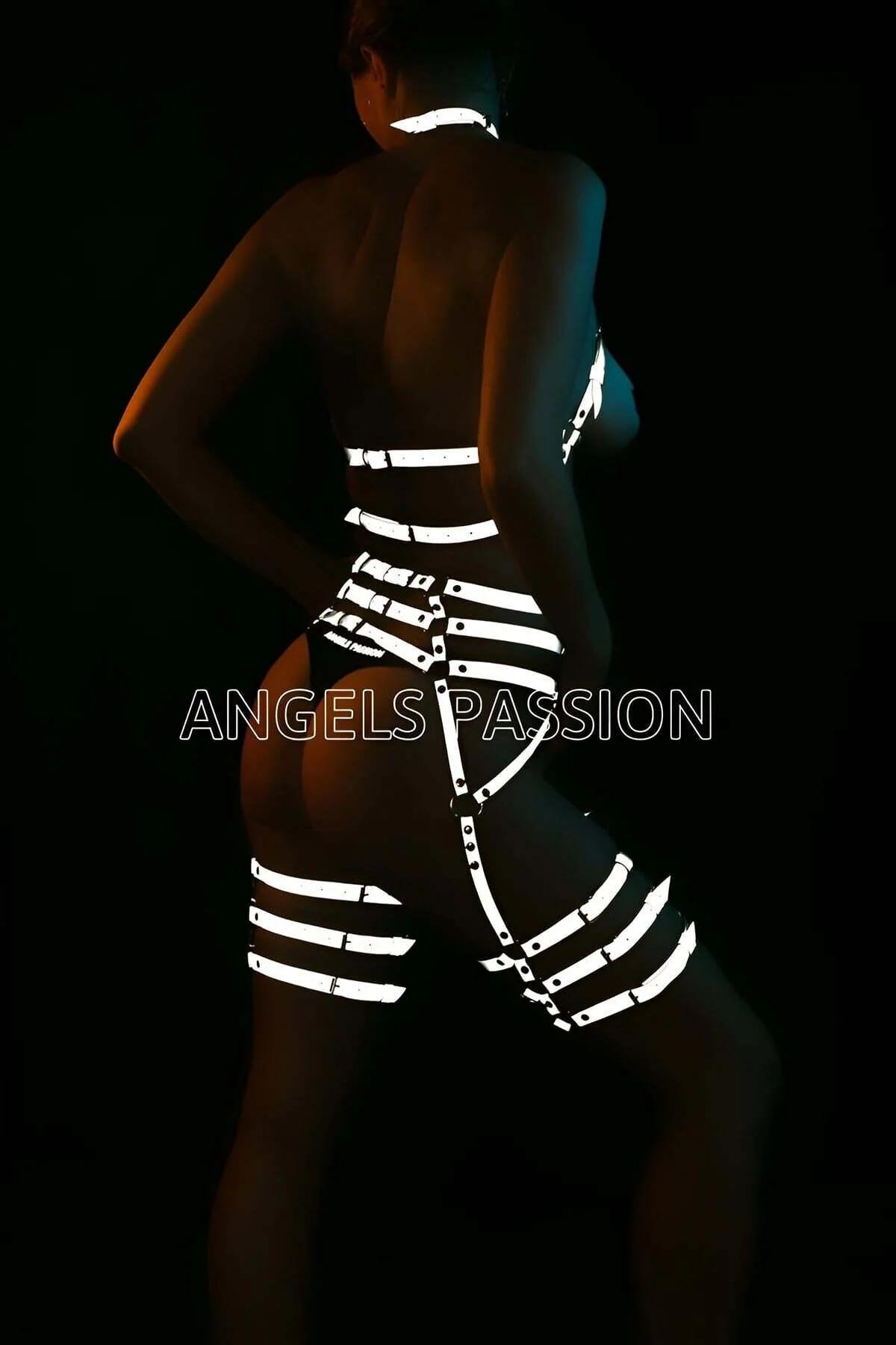 White reflective PU ribbon harness straps with silver rivet hardware detail close-up