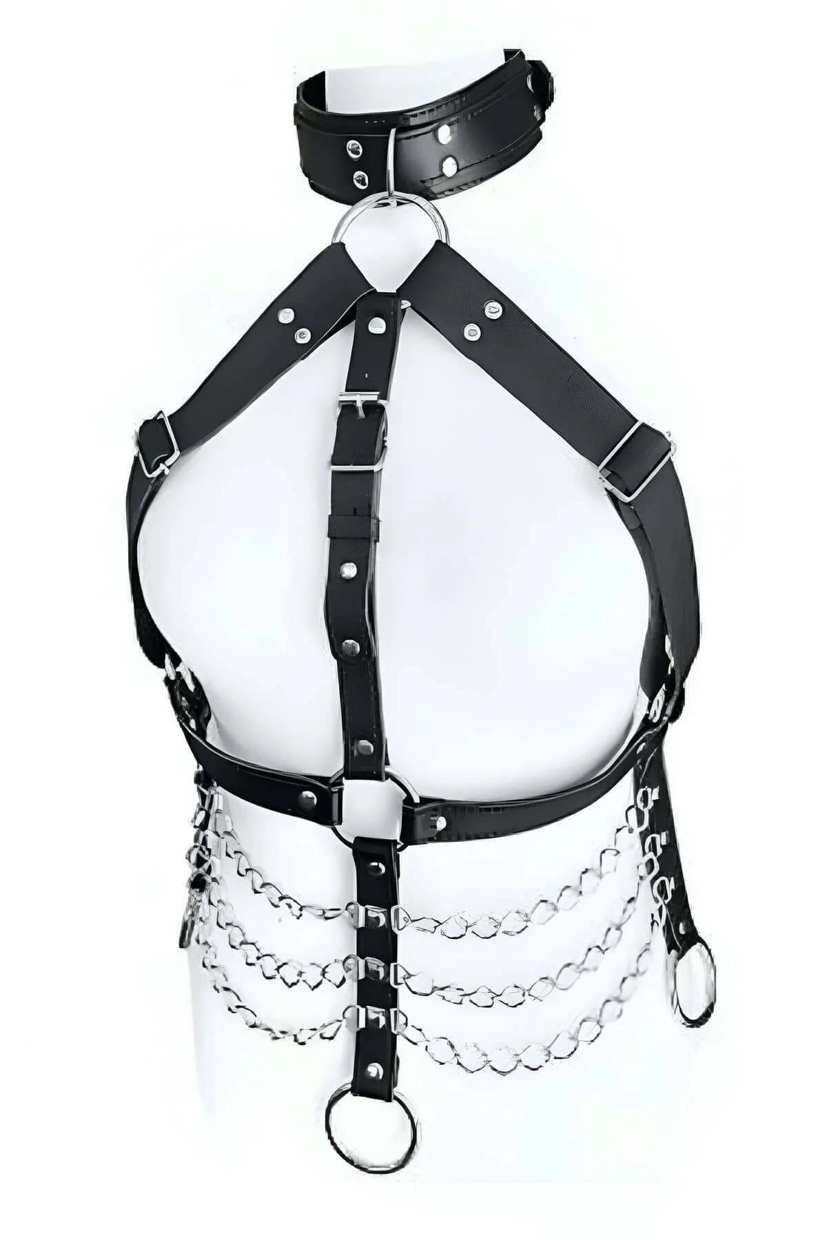 Back view of adjustable black vegan leather chest harness with gold buckle closures