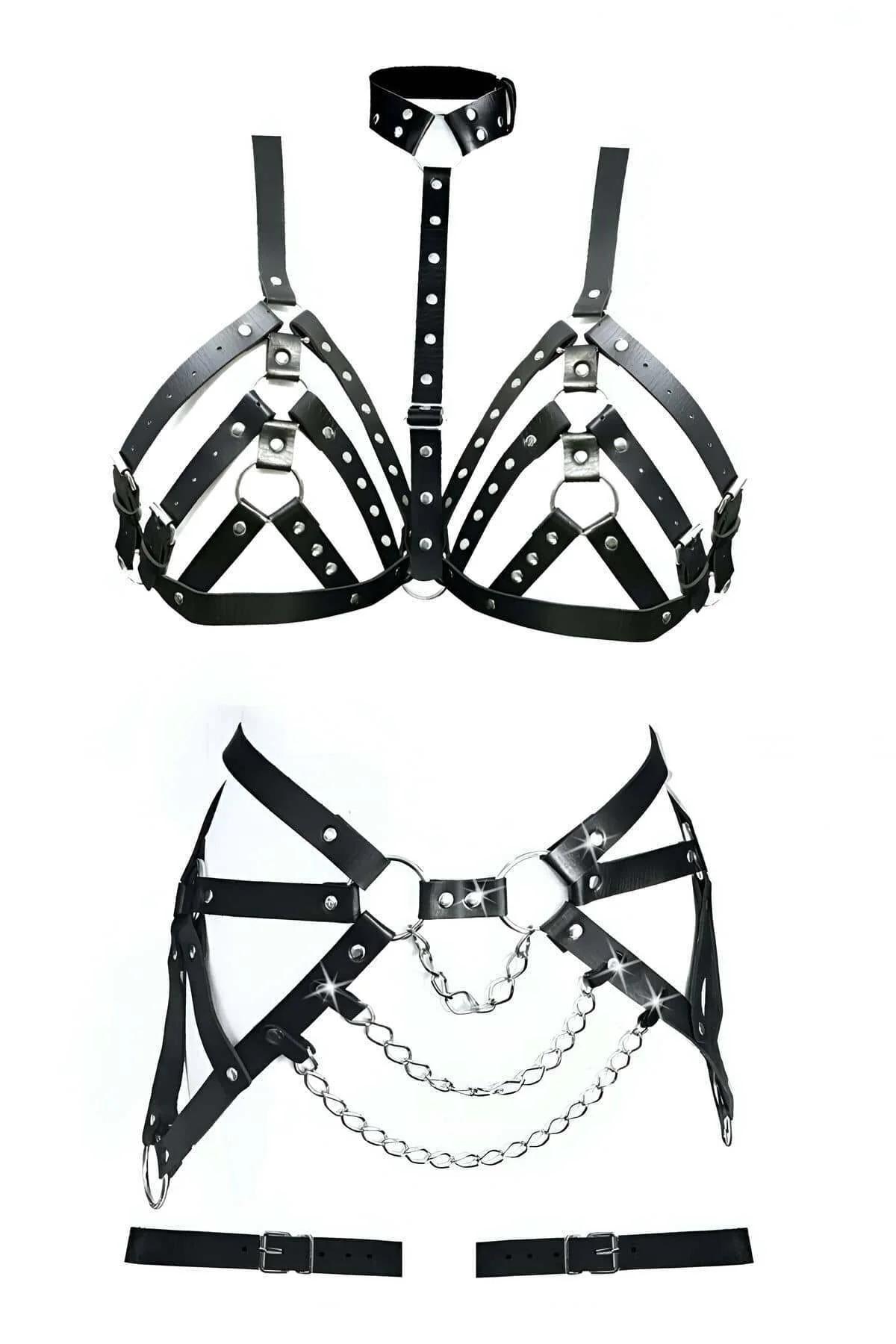 Close-up of silver metal studs at 2 cm intervals on black PU leather chest harness straps