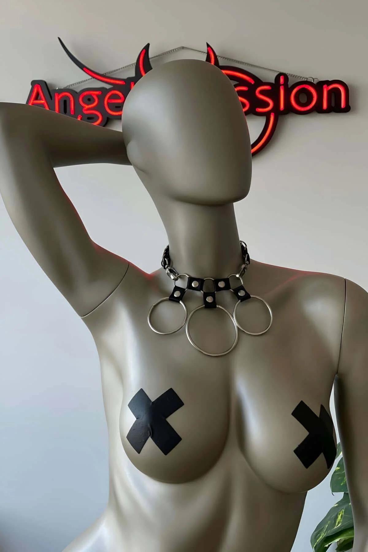 Faux Leather Choker Necklace with O-Rings and Star Studs