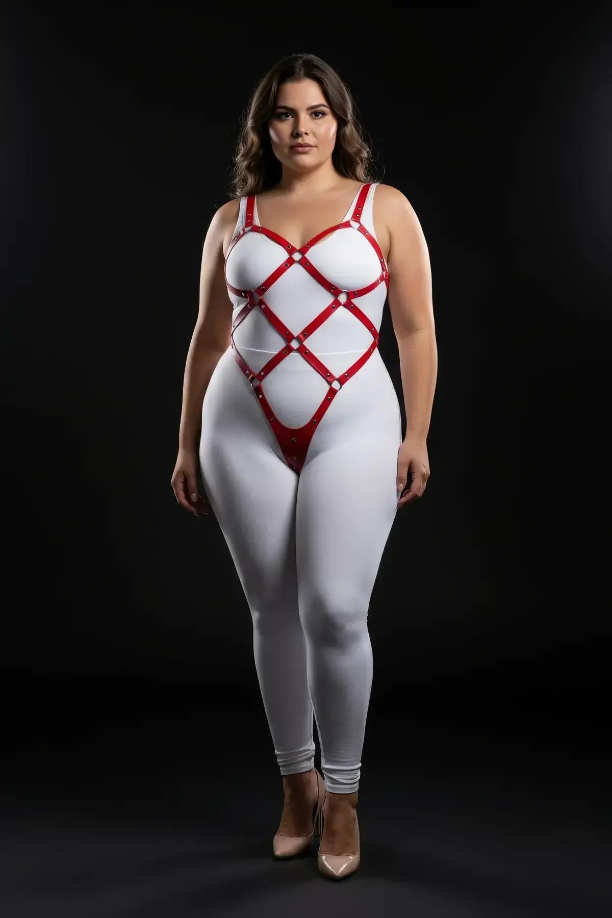büyük beden kırmızı body harness gümüş metal halka kavşak noktaları yakın çekim