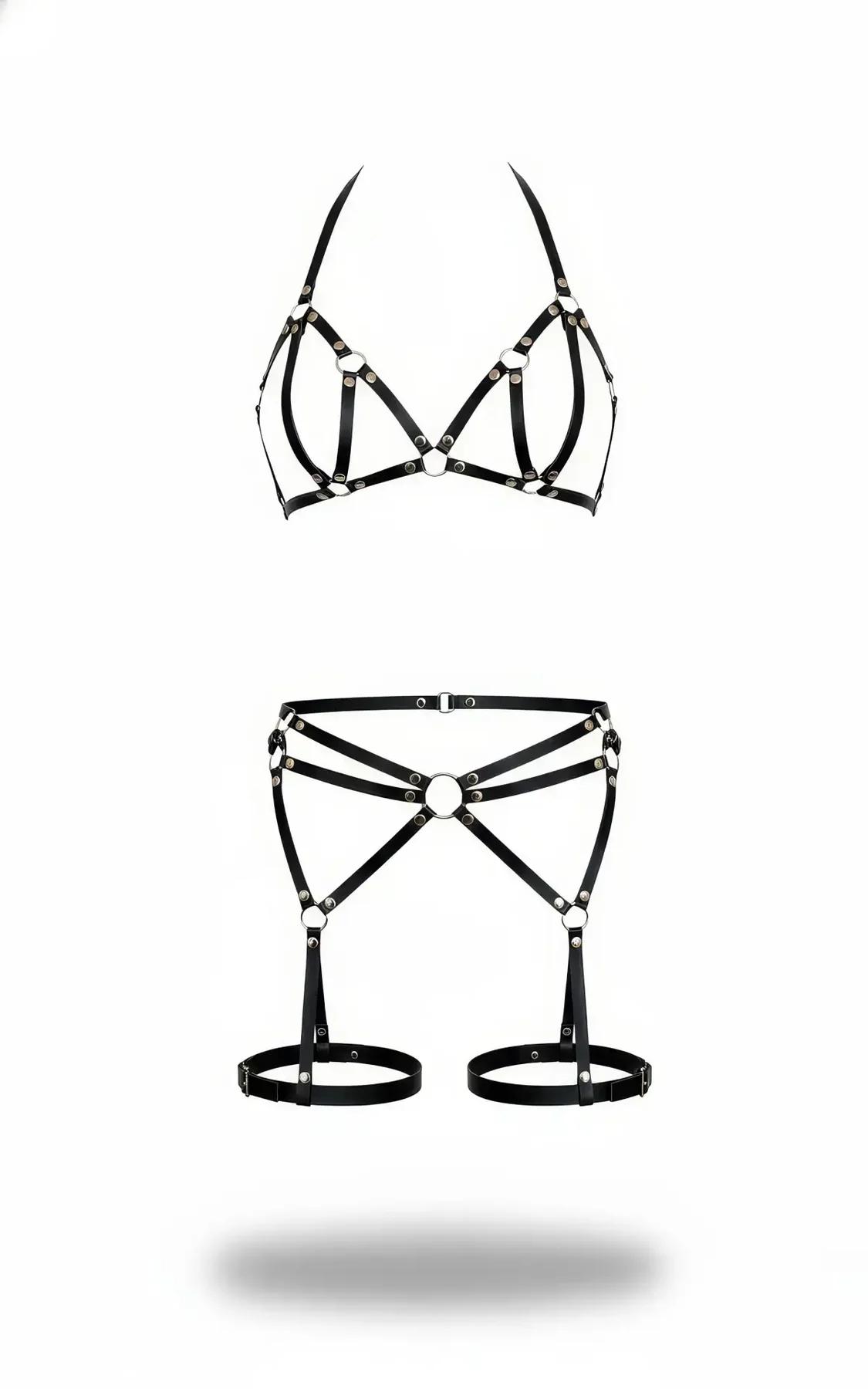 siyah vegan deri harness takım kafes bra üst ve jartiyer kemerli bacak bandı gümüş O-halka donanım