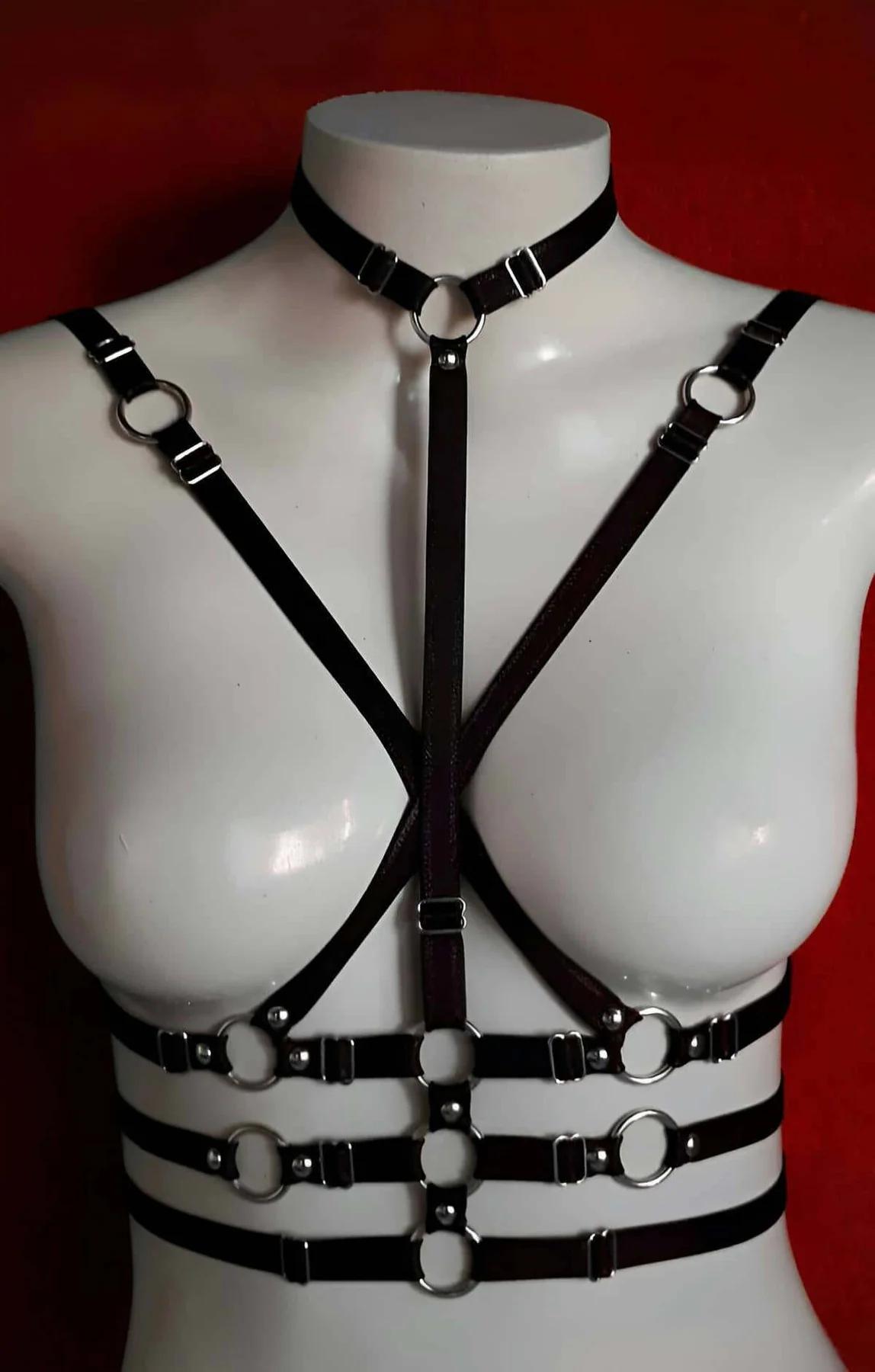 back angle of black full body harness displaying choker collar with front O-ring and horizontal waist band detail