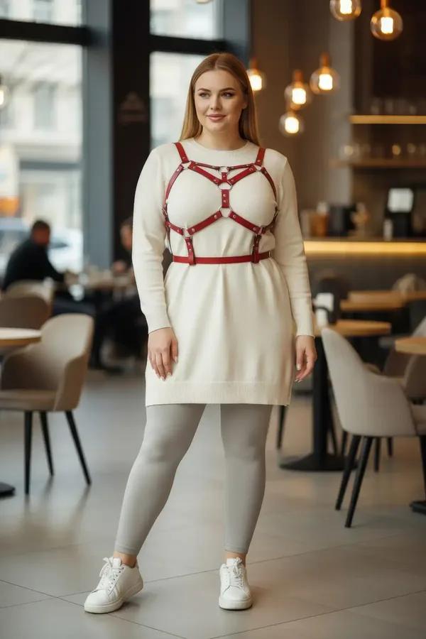 red faux leather cage chest harness with silver O-ring and rivet studs worn over cream knit sweater