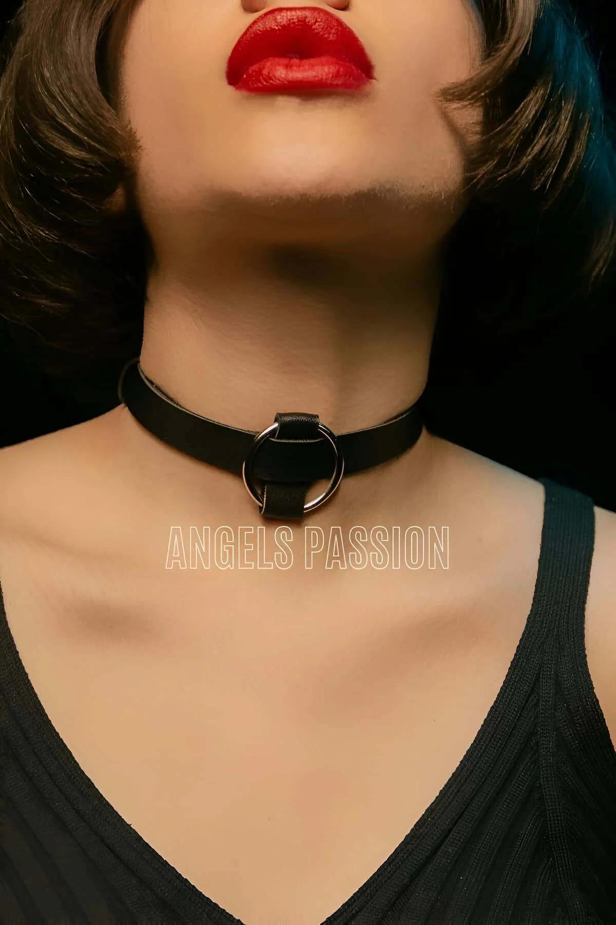 black faux leather choker necklace flat lay showing band width and adjustable back closure