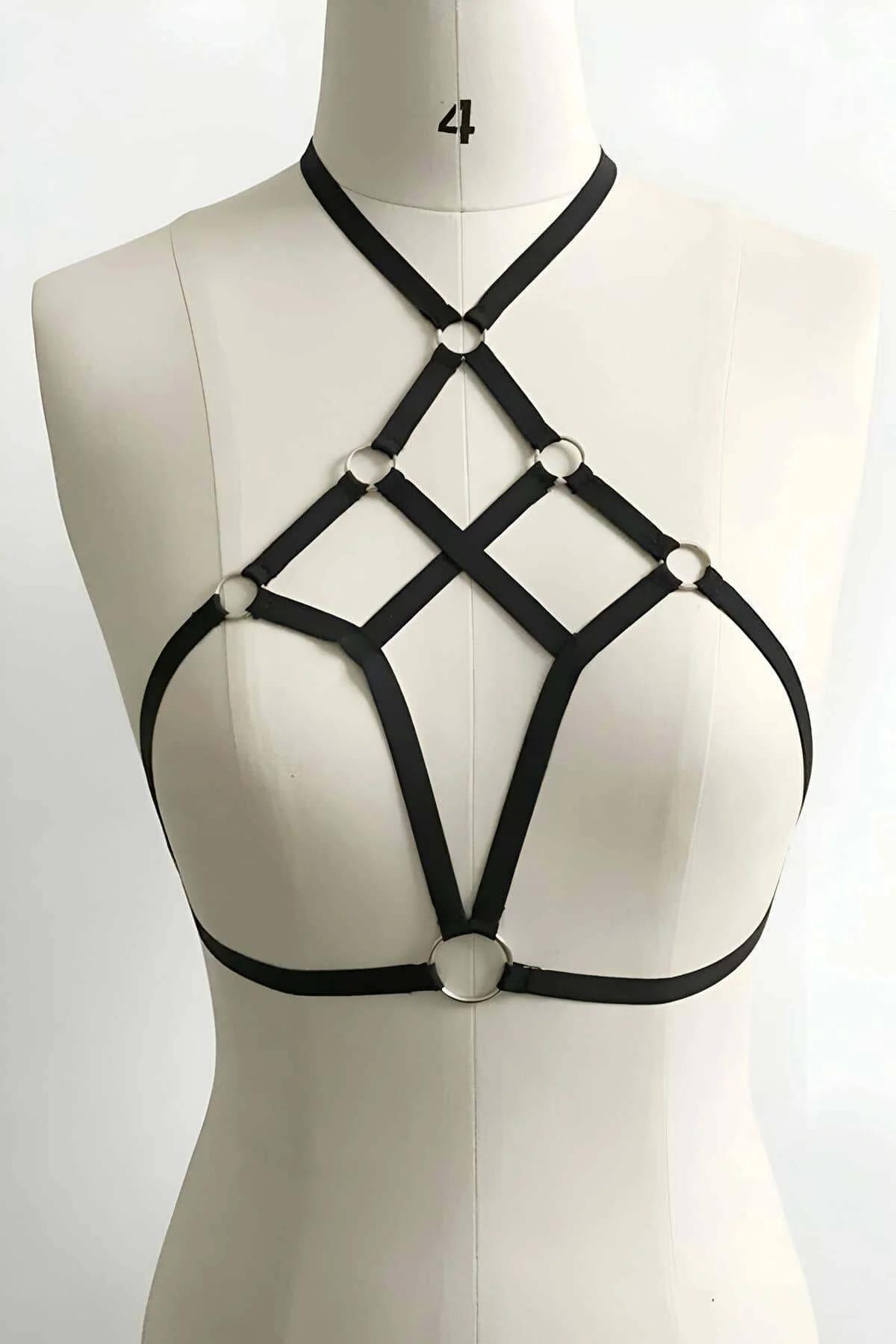 Black matte elastic cage harness with neck loop strap and curved under-bust framing straps