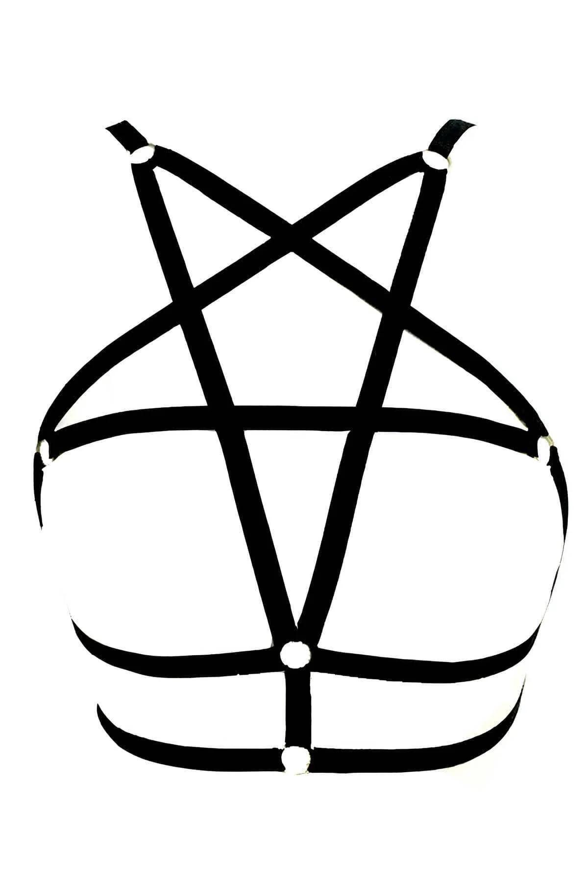 Close-up of silver O-ring hardware on black elastic pentagram harness shoulder strap