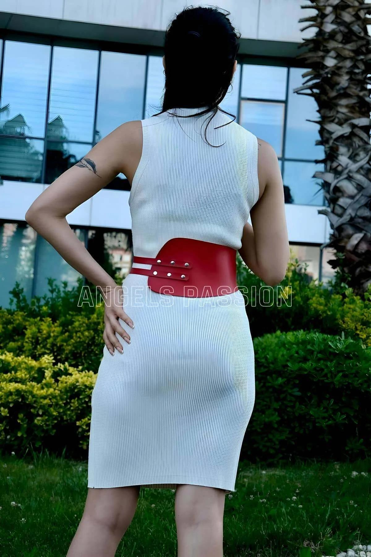 Wide red PU leather waspie belt front view showing double silver pin buckles and curved corset panel