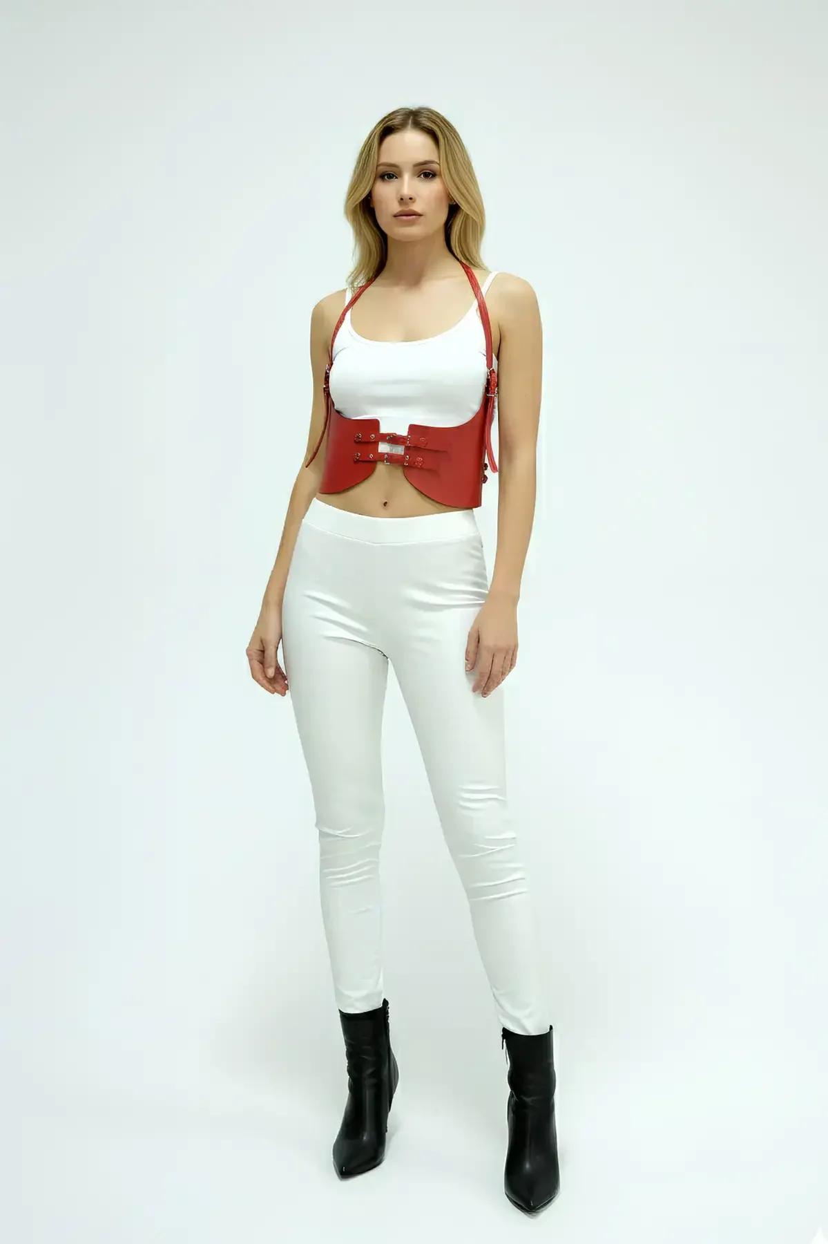 Red Faux Leather Underbust Harness with Strap Details