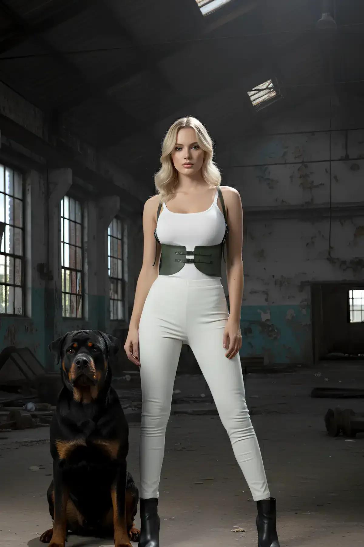 Haki korse harness kemeri beyaz crop top ve pantolon kombininde yan görünüm