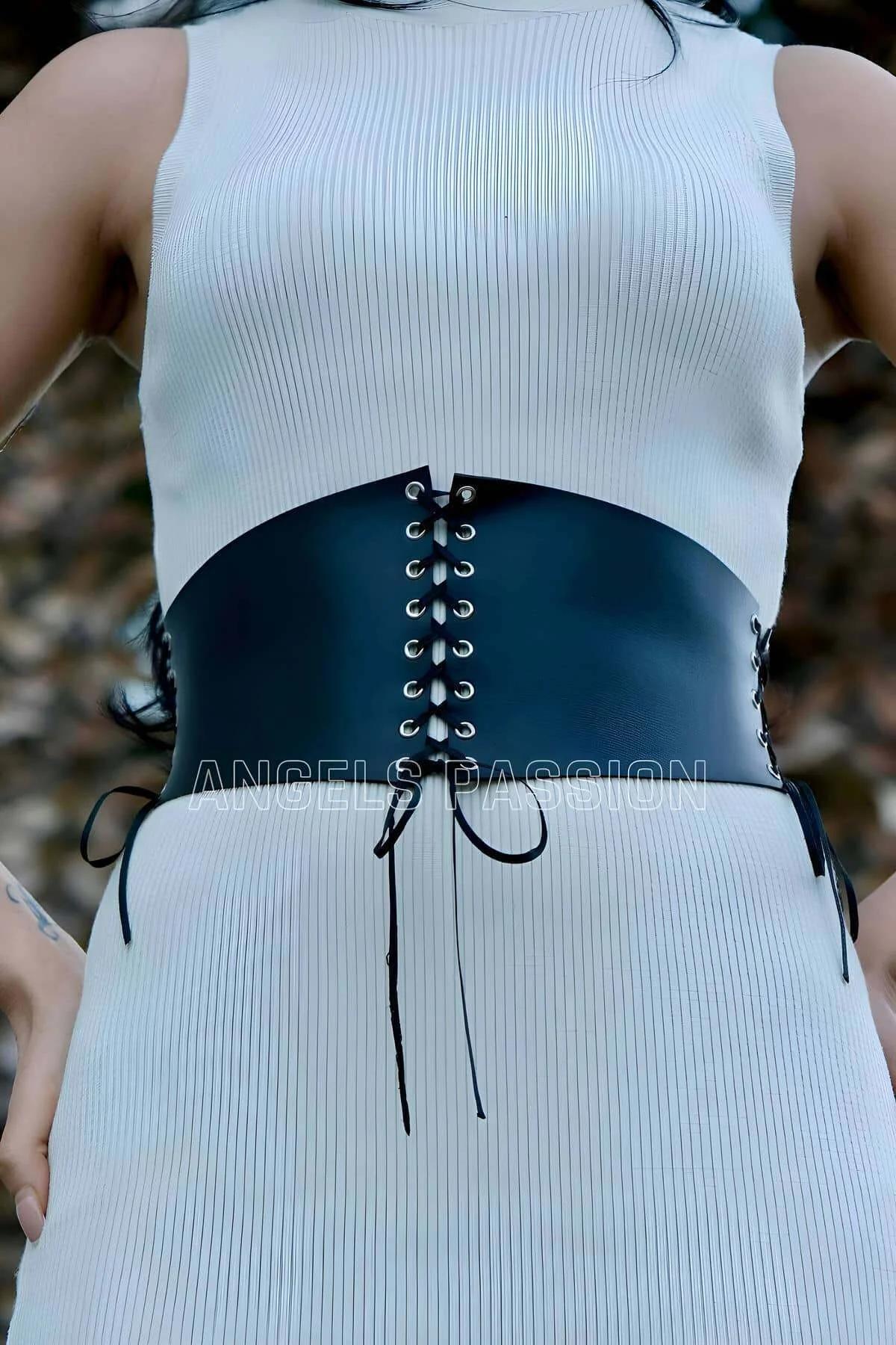 black lace-up corset belt back view showing smooth structured panel