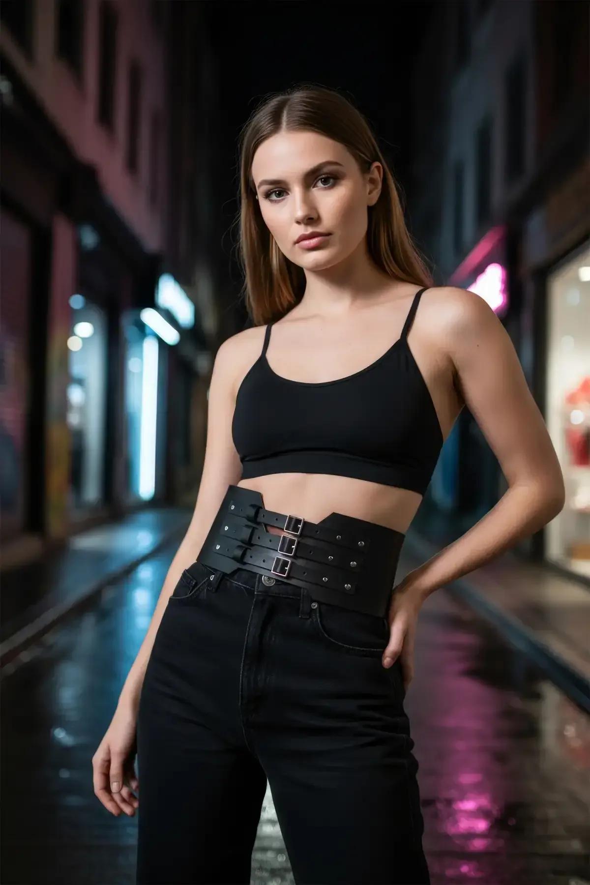 Üç tokalı siyah bel kemeri crop top ile sokak stili kombininde yan görünüm