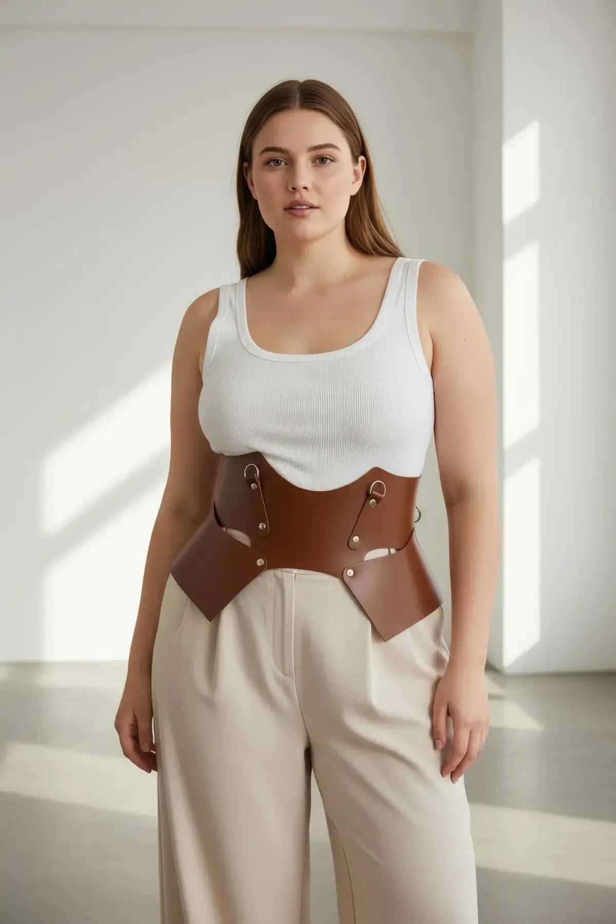 büyük beden taba geniş kemer beyaz top ve bej pantolon kombin önerisi