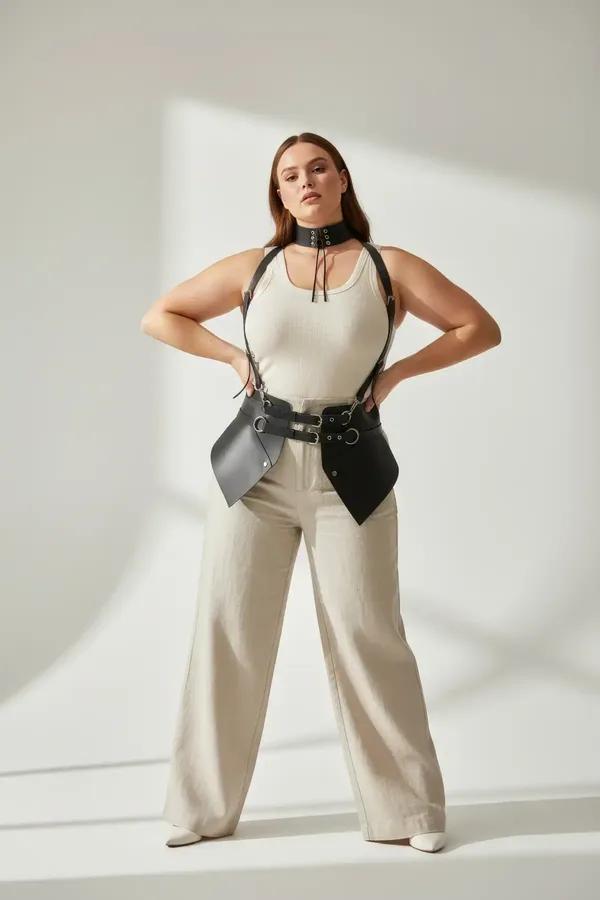büyük beden siyah vegan deri korse harness boyun choker bağlantılı gümüş O-ring kemer kanat panel detaylı