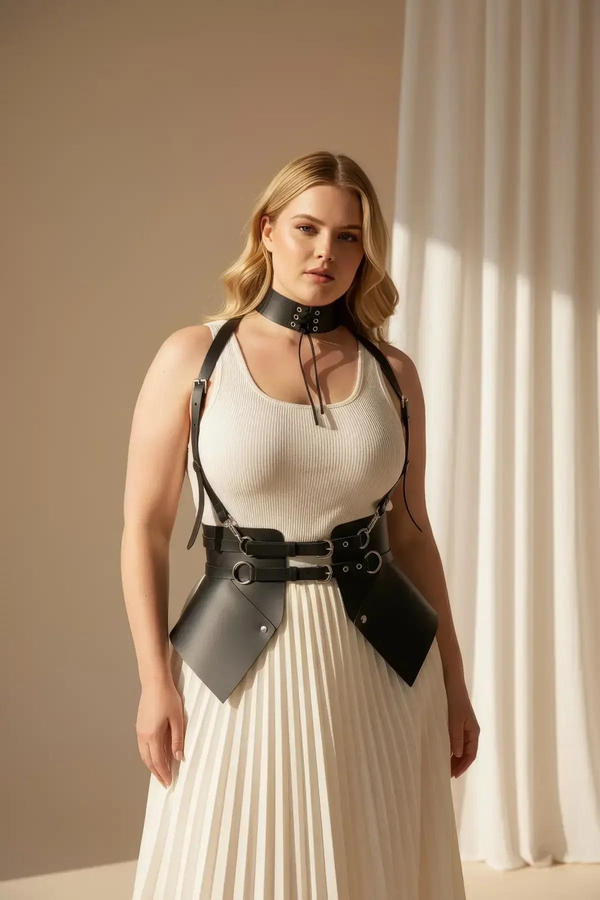 siyah PU deri harness bel kemeri yakın çekim gümüş toka ve O-ring detayı büyük beden