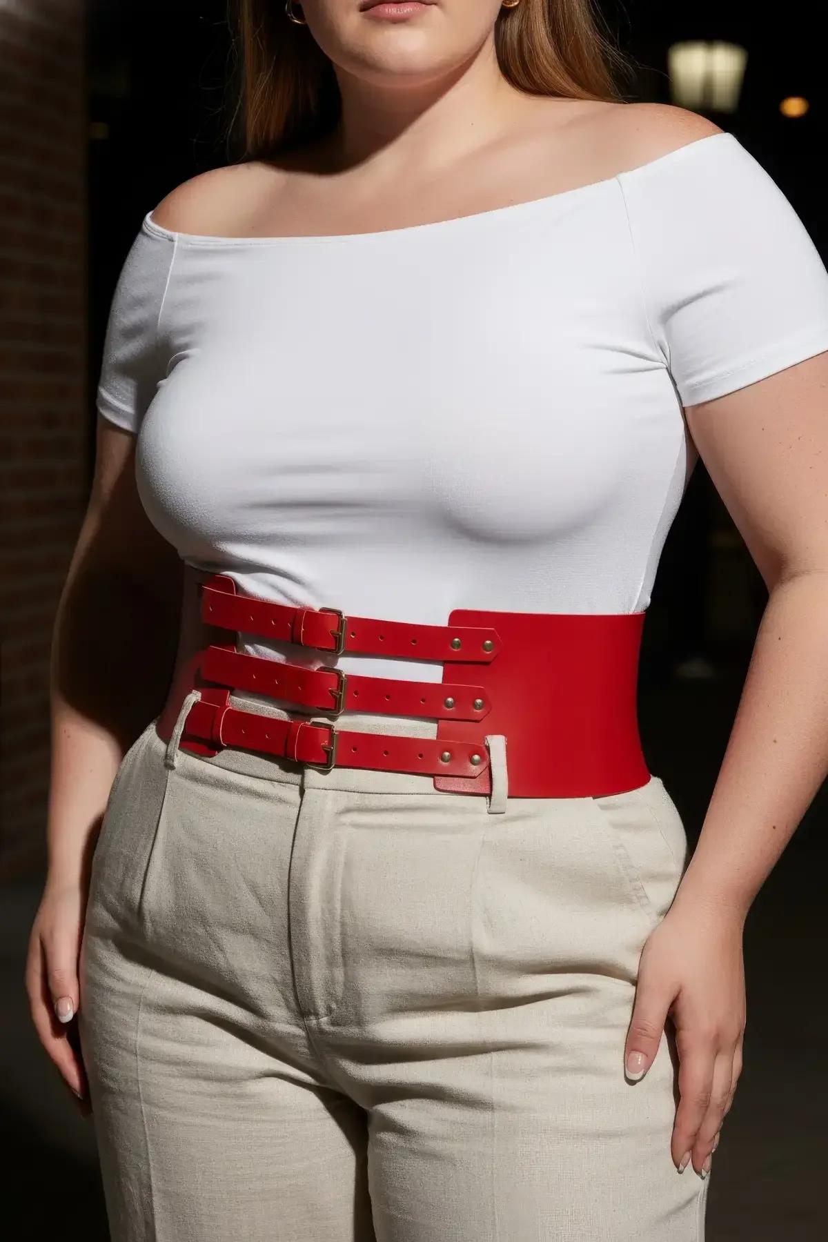 Red Faux Leather Wide Waist Harness with Three Buckles