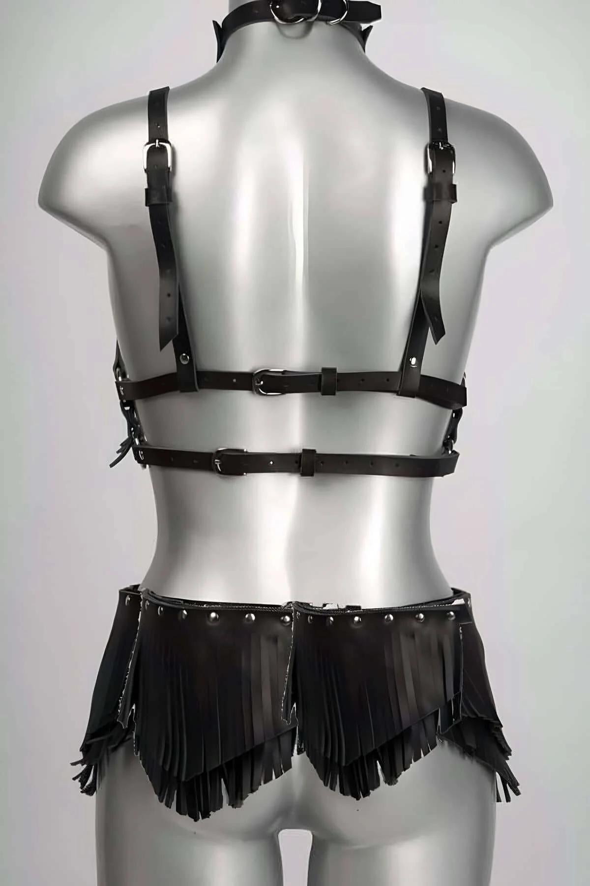 Black PU leather bustier harness with fringe cups and silver dome studs on adjustable straps