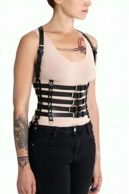 close-up of silver rectangular buckle hardware on black PU leather waist strap harness
