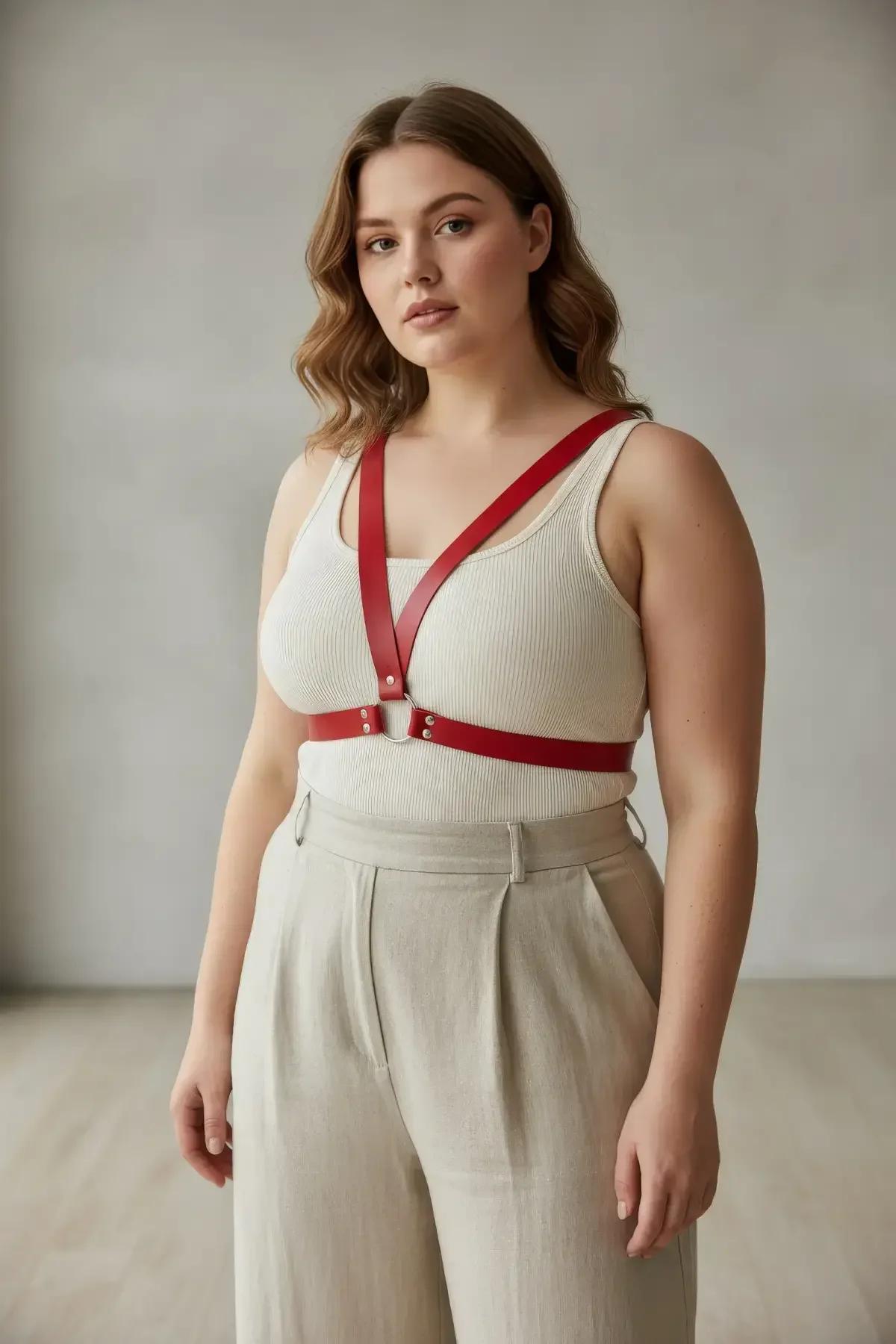 büyük beden kadın kırmızı vücut kemeri crop top üzerine kombin detayı